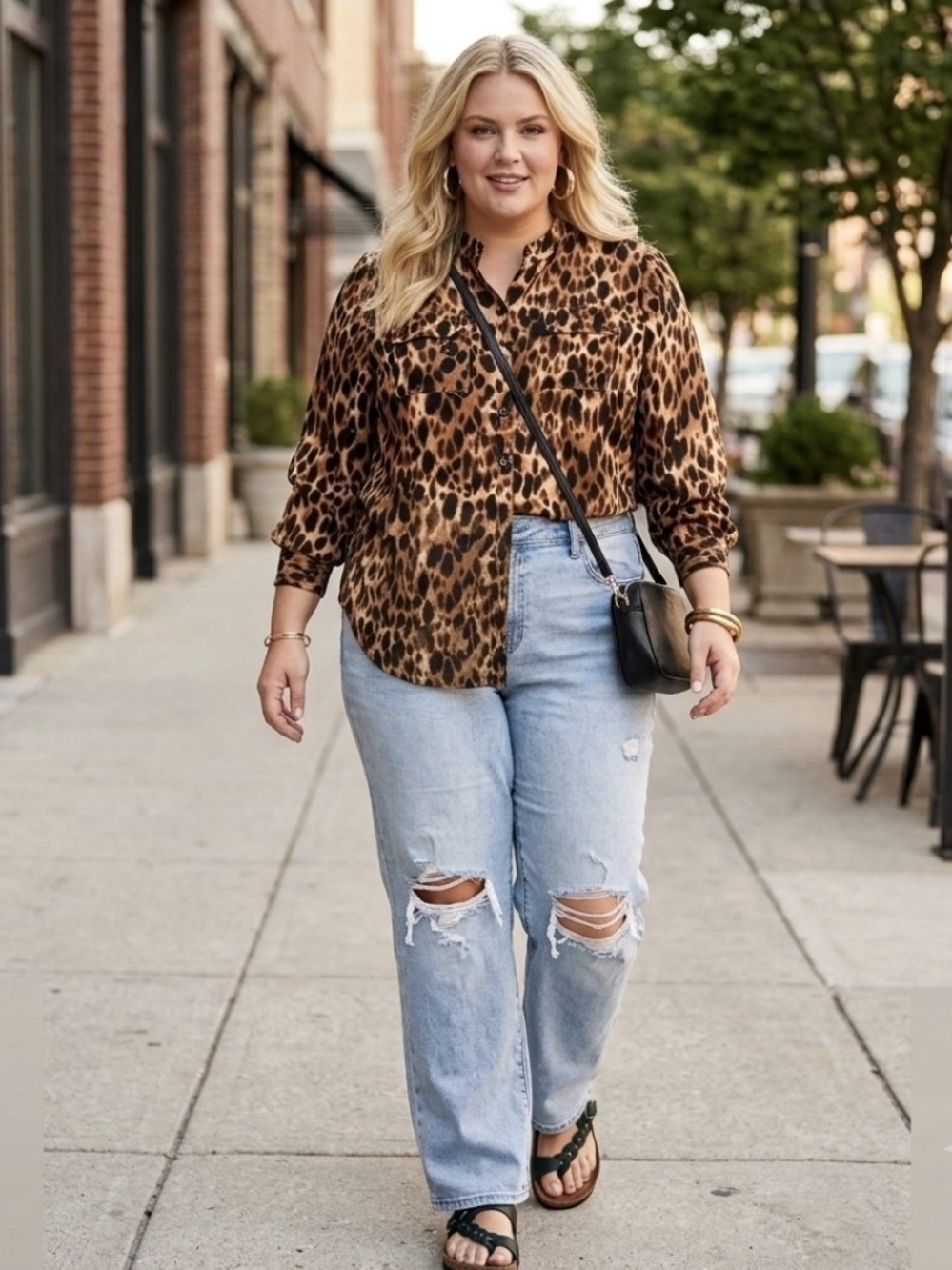 Jones NY Leopard Print Long Roll Tab Sleeve Button Up Shirt Size 2X